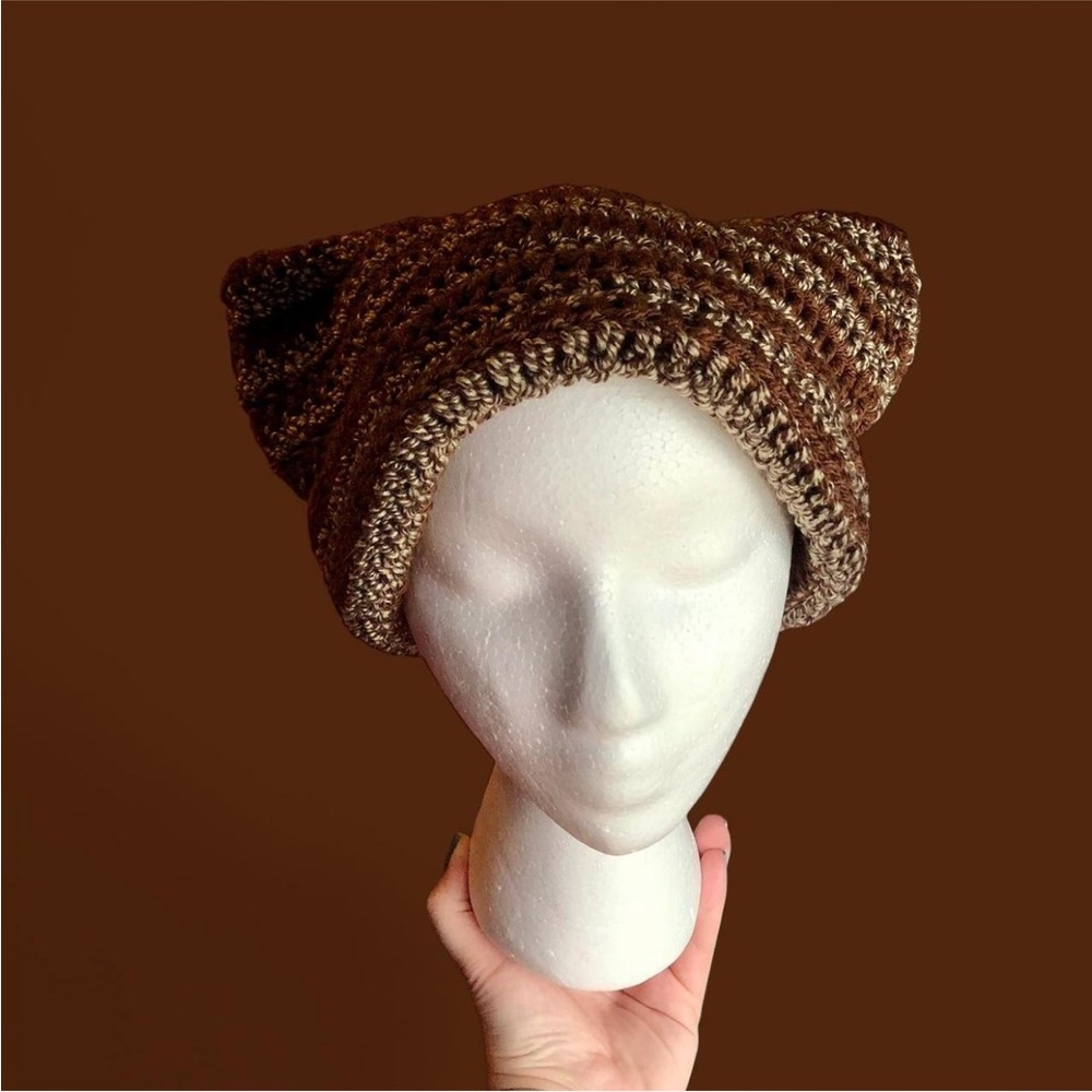 crochet brown and multi brown/tan striped cat ear beanie